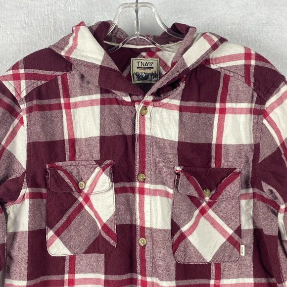 Aritzia TNA Hooded Shirt‎ Boyfriend Fit Flannel Plaid Button Up Red White - Picture 3 of 15